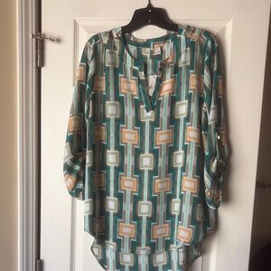 NWT - Cato Geometric Print Tunic Top - Green, yellow, tan and white.
